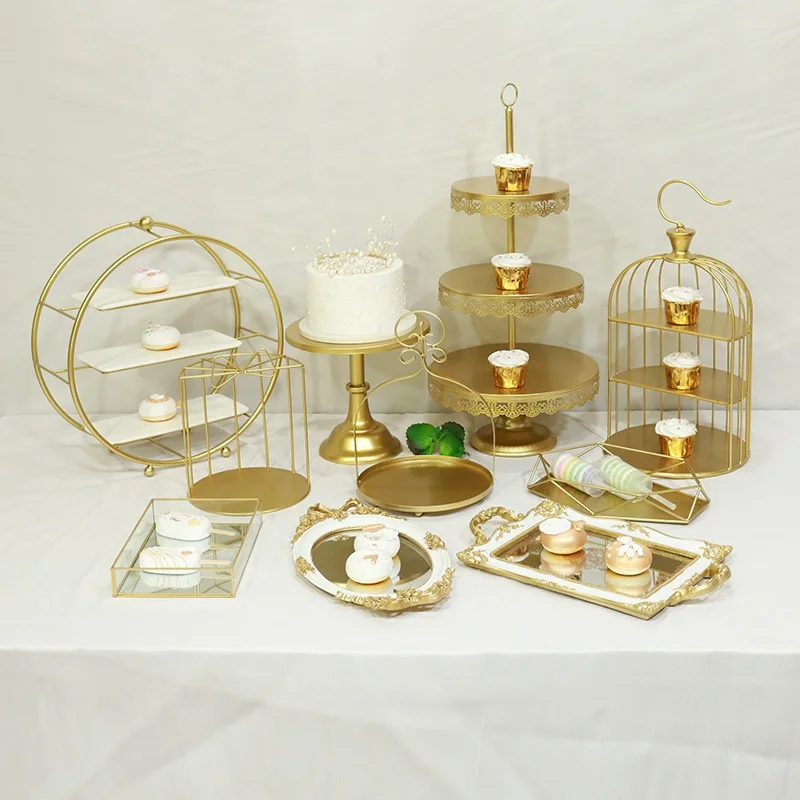 Luxurious Golden Refreshment Rack Plated Storage Rack Cake Stand Gold Dessert Cakes Display Iron Cake Tools Various Shapes