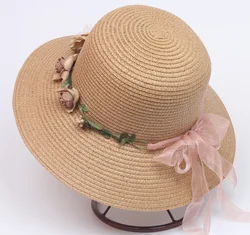 Lady Round Top Wide Brim Straw Hats UV Protection Plain Beach Straw Hats