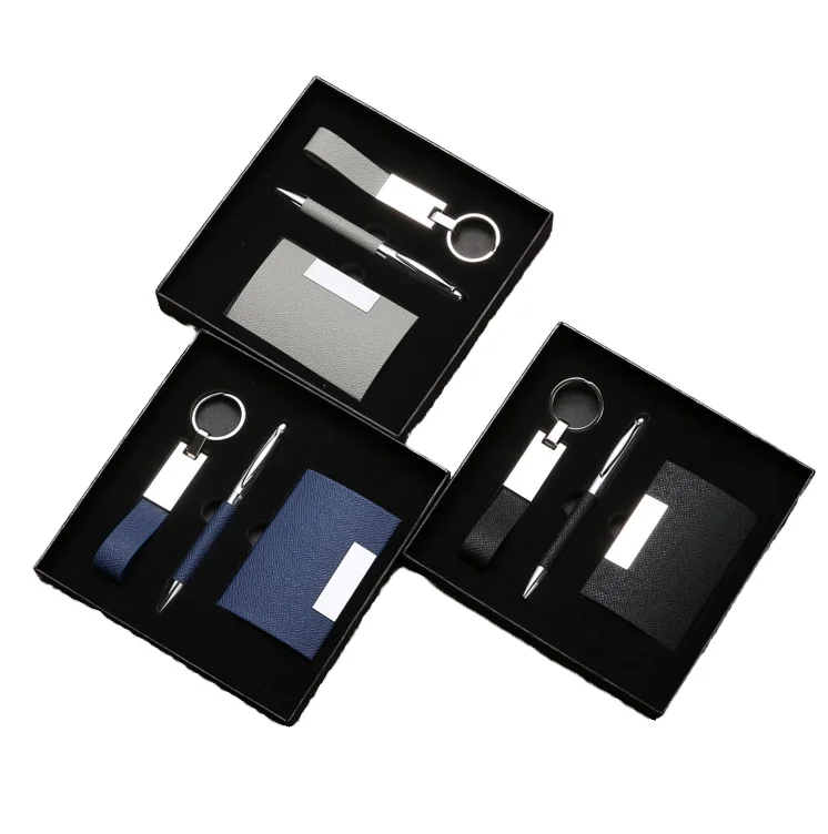 promotional 3 in 1 card holder + pen + Key chain corporate gift set luxury promotional personalized gift sets