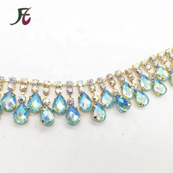 Fashion sparkling gold Green AB rhinestone green acrylic resin diamond tassel chain for shoes/bags/garment
