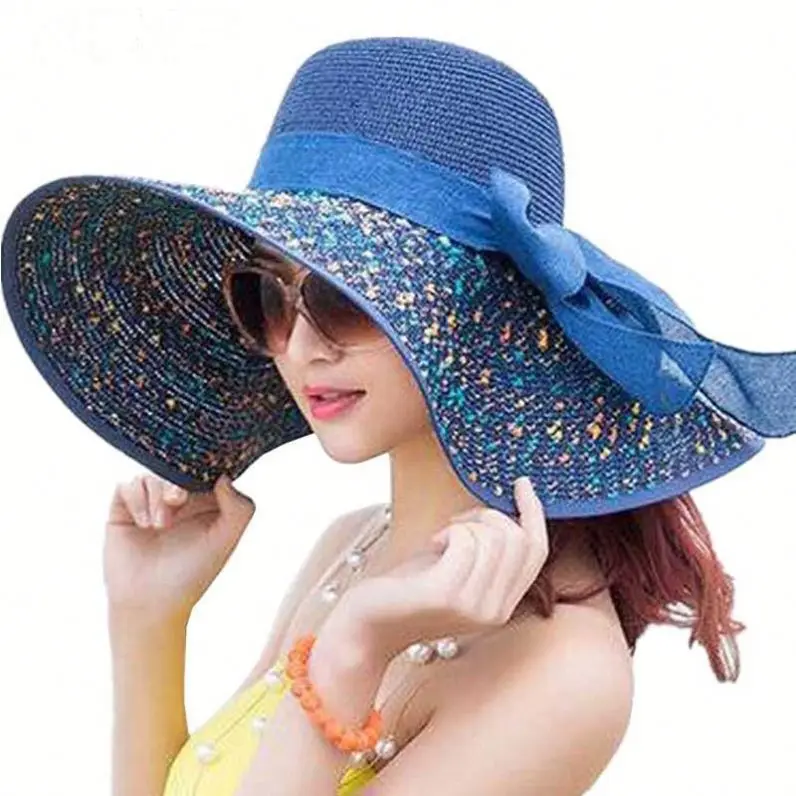 
Fashion Straw Hat Ribbon Big Floppy Brim Visor Hat Summer Beach Visor Cap 