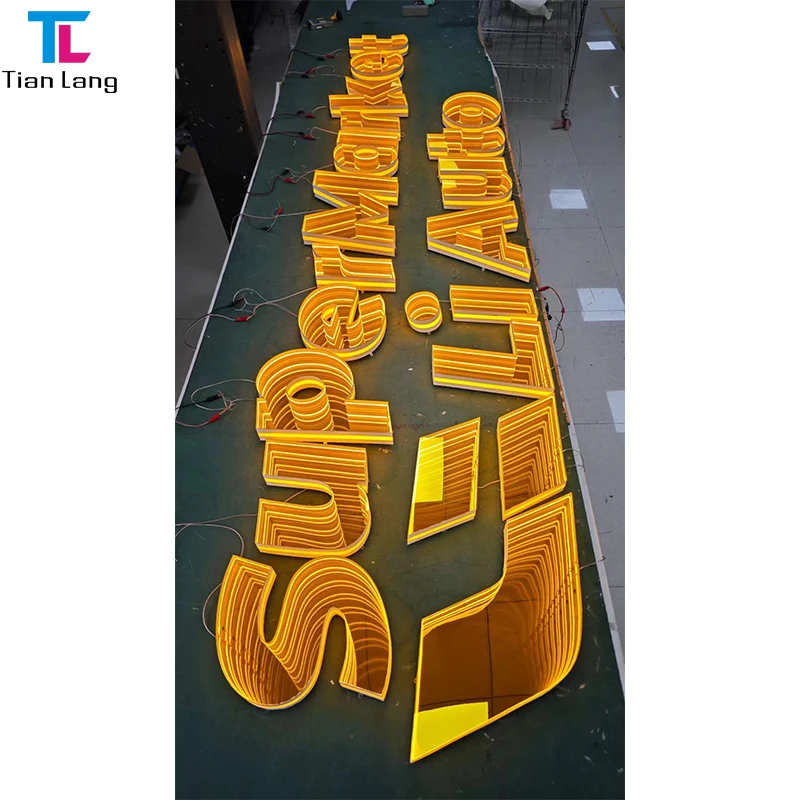 Custom led illuminated electronic sign advertising infinity mirror letters 3d acrylic logo business store front signage