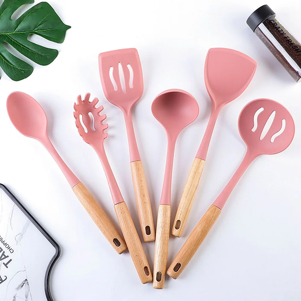 Hot sale 6 pcs Pink OEM Non Stick Silicone Spoon Shovel Set kitchen cooking utensil sets wooden handles