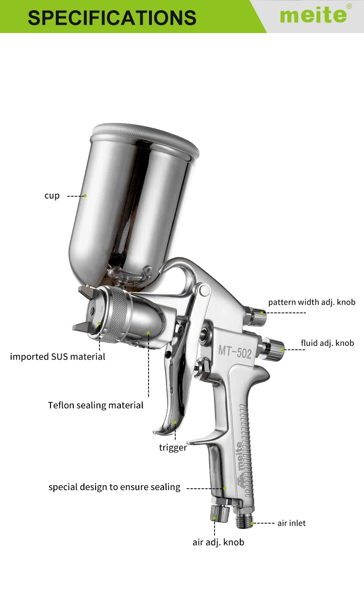 meite MT-502-P Hvlp Pressure Feed Type pneumatic Sprayer Nozzle Size 1.7-3mm Spray Gun