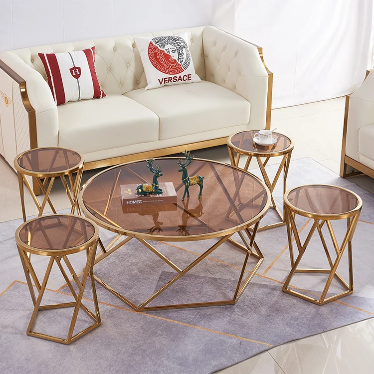 Modern Coffee Side Table Stainless Steel Tempered Glass Table Modern Accent Round Center Table