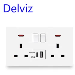 Delviz Britain Dual 13A Power outlet,AC 110V~250V,Switch control,18W smart Type-C Quick charge Ports,UK standard Wall USB Socket