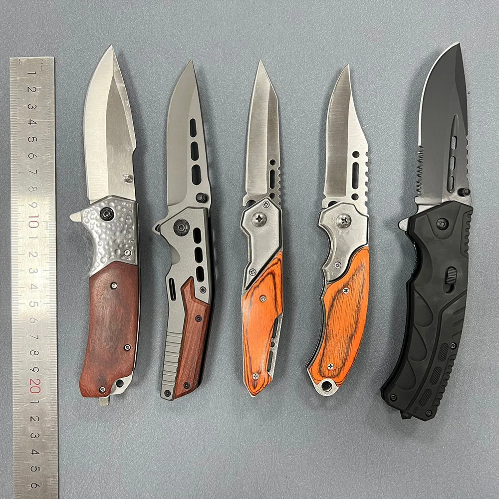 Professional supply Self-defense EDC pocket knife Black pocket knife with fire starter hot Camping knife with wood handle