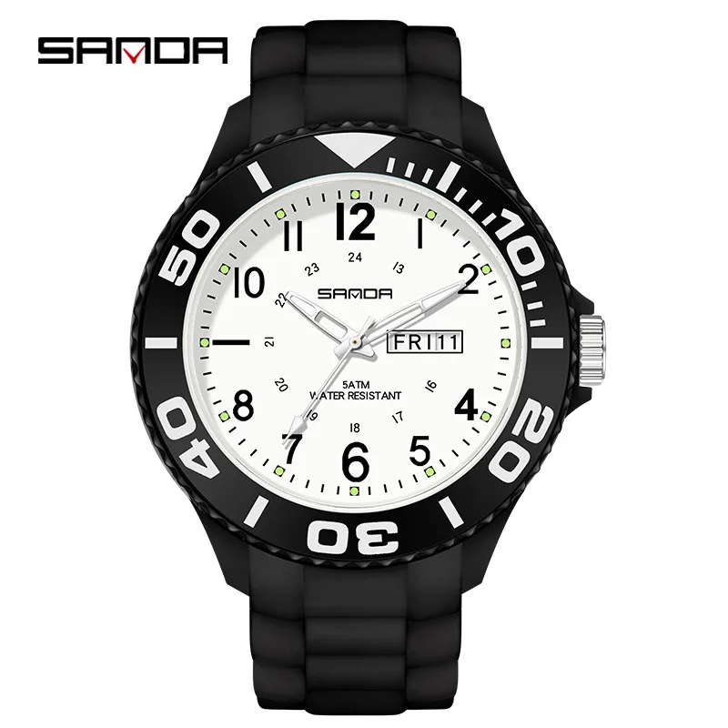 Hot selling sanda gradient color dual calendar silicone 5ATM waterproof Japanese quartz movement couple watch for man and women