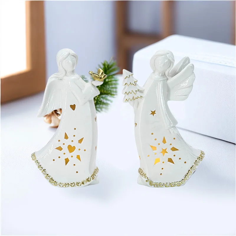 Christmas Custom Small White Ceramic Angel With LED Light Christmas Ceramic  Home Decoration
