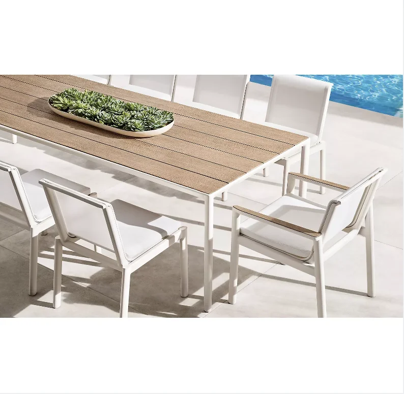 Green comfortable outdoor dining room aluminum wood teak top table and chair set