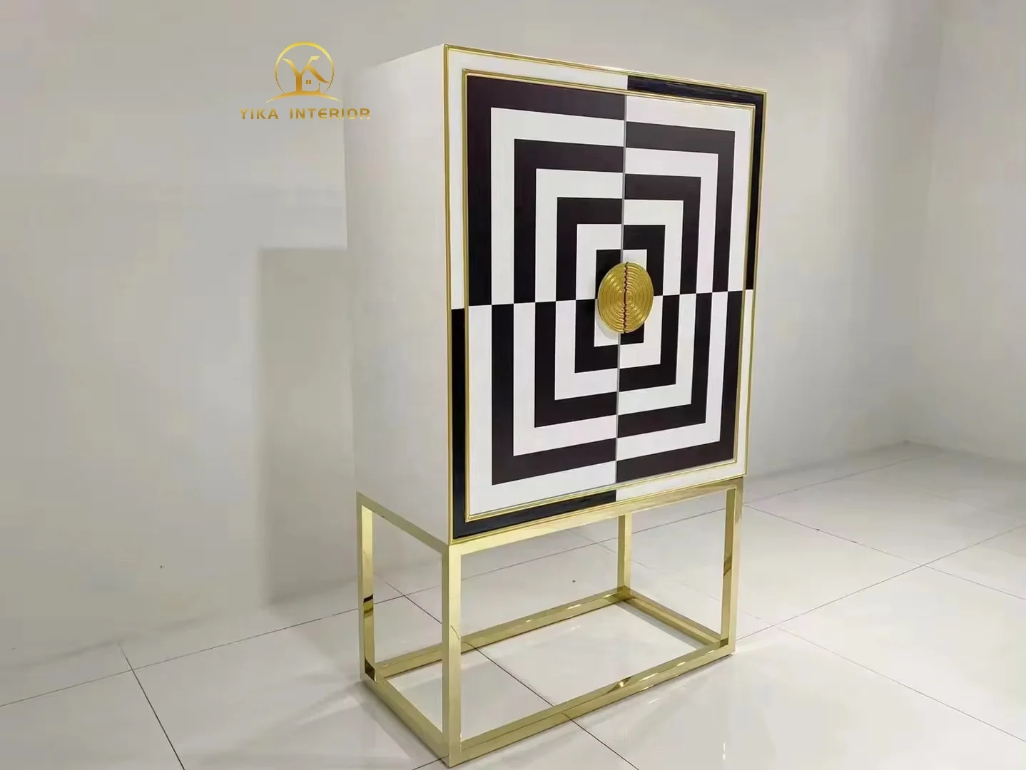 Modern Black And White Painted Glass Door With Gold Metal Base Wine Cabinet Hotel Home Sideboard Jonathan Adler Furniture