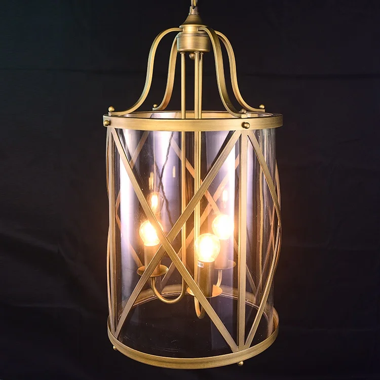 Contemporary european style indoor decorative with antique brass iron frame clear glass shade led chandelier pendant light