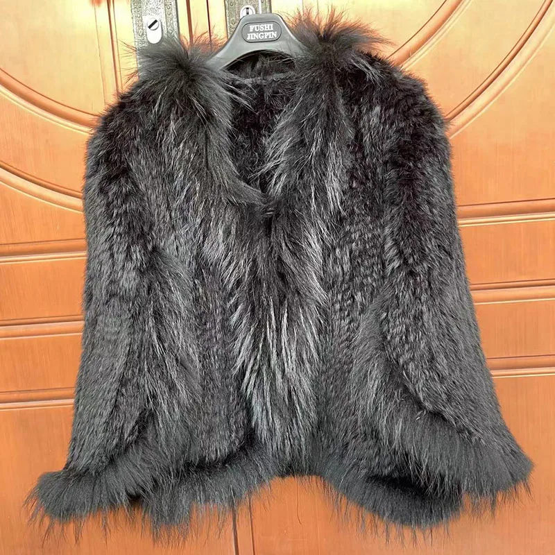 2024 Women Knitted Real Rabbit Fur Poncho Autumn Winter Genuine Fur Cape With Real Fox Fur Trimming