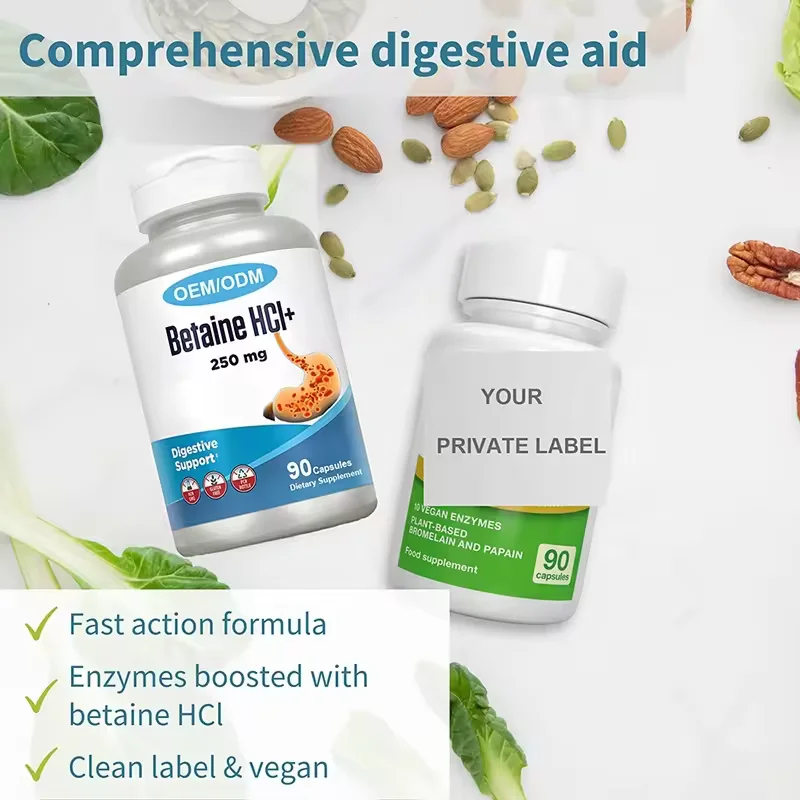 Betaine HCL With Pepsin Capsules Betaine hydrochloride Advanced Digestive Enzymes Plant-Based Vegan Bromelain Digestion Support