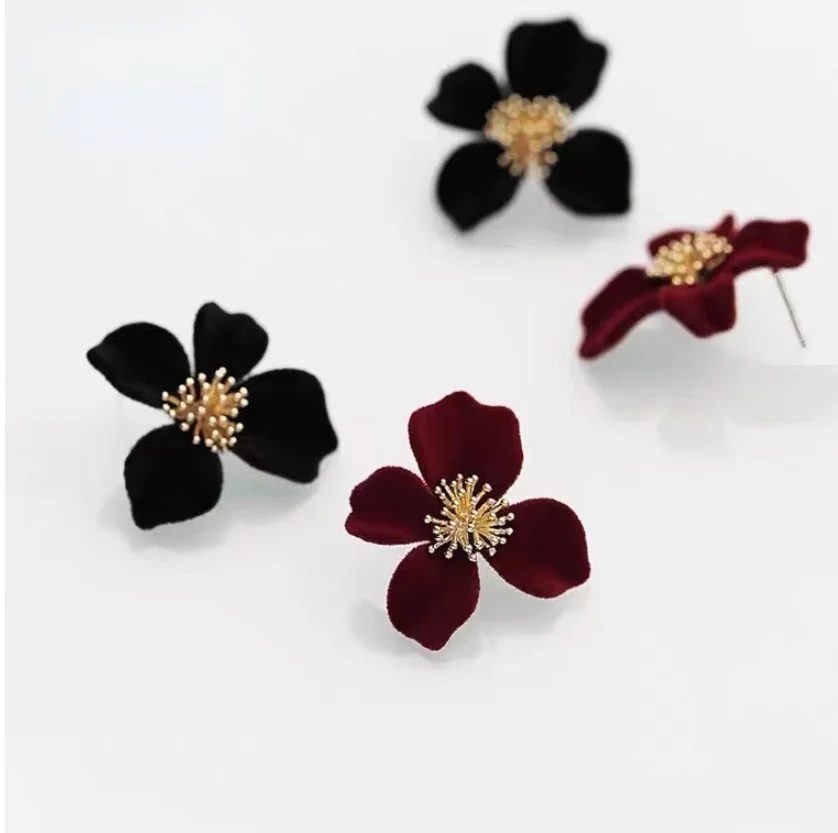 925 Silver Needle Velvet Flower Earrings Flocking Earrings Temperament Senior Atmosphere Red Earrings Female
