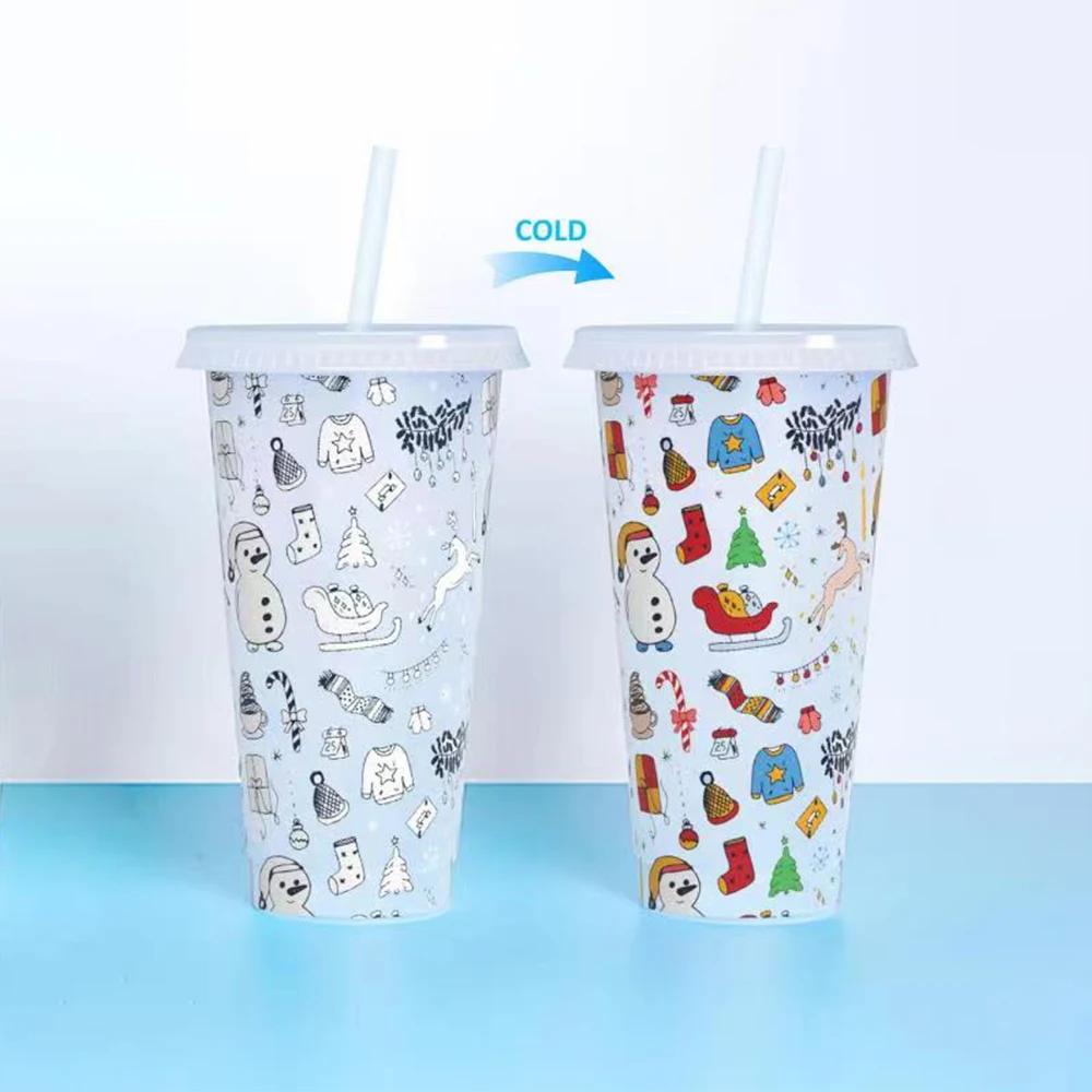  24oz пластиковые многоразовые чашки холодной изменение цвета стакан Рождественская кружка с крышкой и