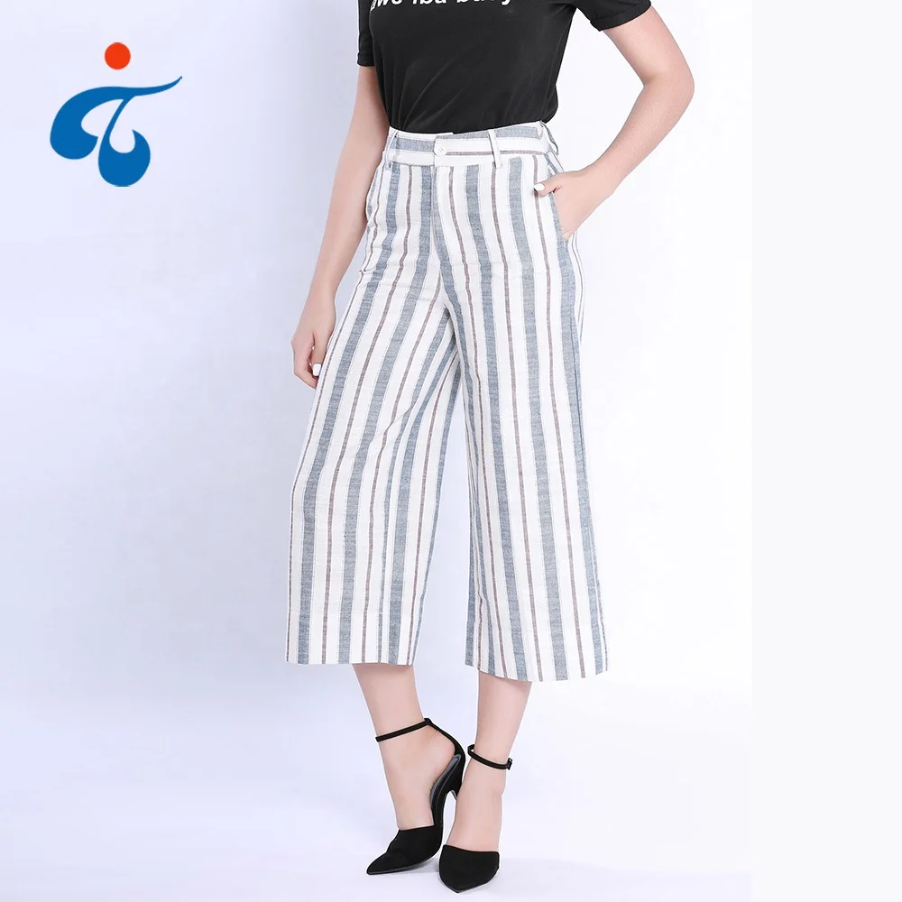 Wholesale oem striped casual cotton latest fashion wide leg trousers pants designs for women