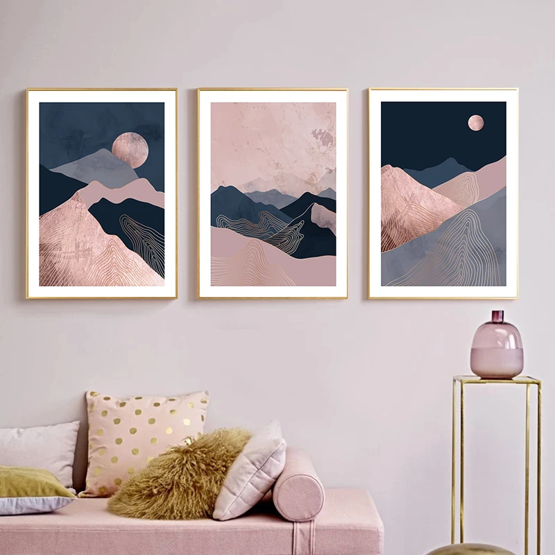 Abstract Sun Moutain Landscape Canvas Painting Wall Art Print Gold Foil Mountain Modern Minimalist Poster Living Room Wall Decor