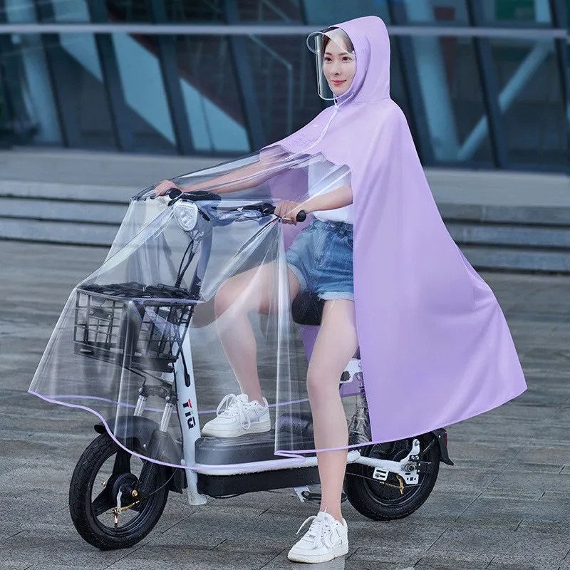 Mother and son two person electric bike raincoat, motorcycle electric scooter rain cape, rider in summer, transparent double