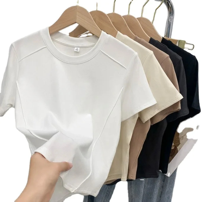 Оптовая Продажа с фабрики однотонная облегающая женская футболка 2023 Лето европейские товары рыбья кость Короткие плечи маленькая рубашка