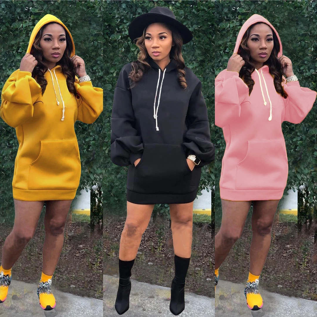 
Bunny BN-A8270 plain hoodie dress with casual loose puff sleeves womens hoodies woman dress 