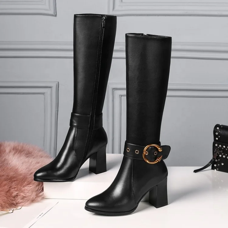 Autumn Winter Women High Boots Metal Buckle Zippers Booties Large Size Chunky Heeled Knee Knight Boots