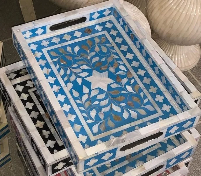 blue floral shell inlay serving trays / mother of pearls trays / sea shell inlay serving tray by bullish exports