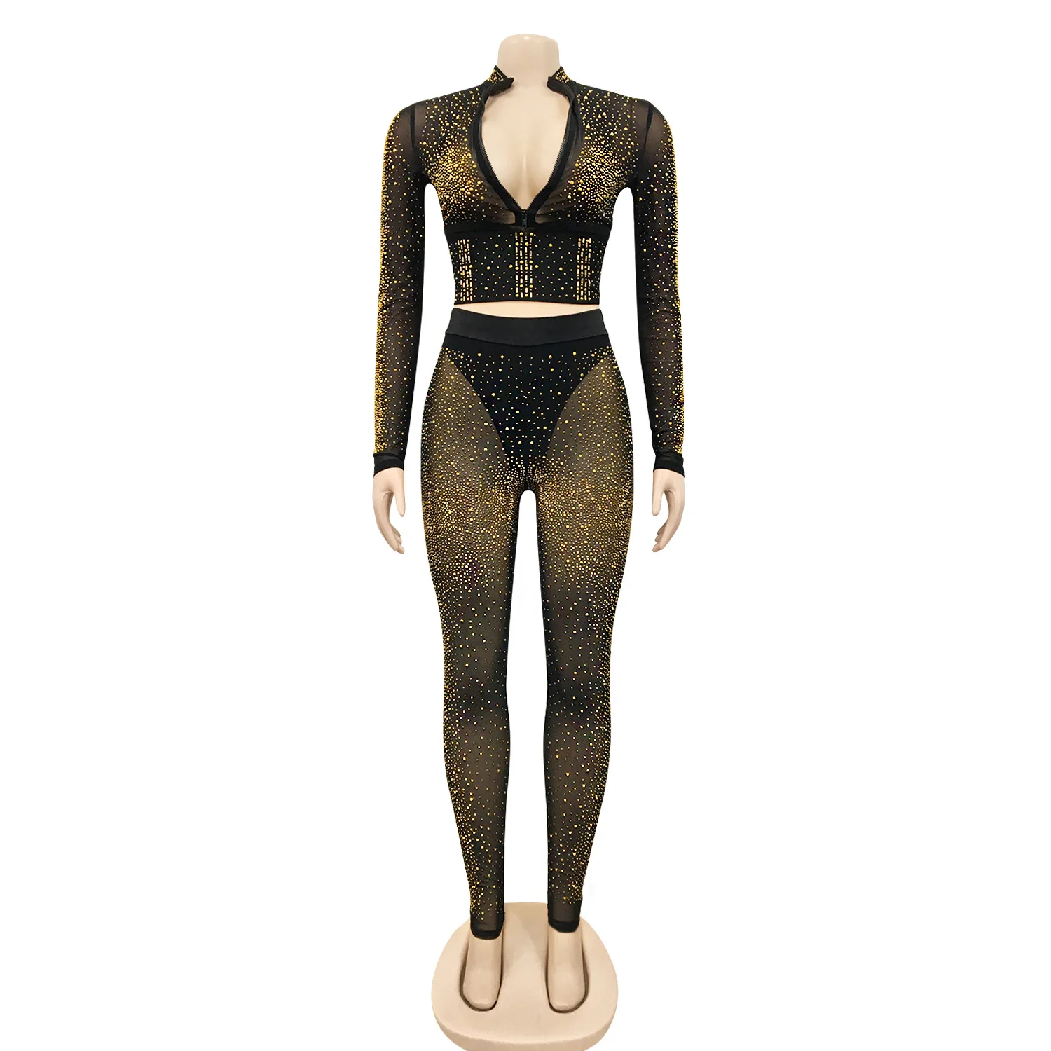 J9813 See through club sexy long sleeve sequined diamond mesh pants set women black v neck two piece pants set
