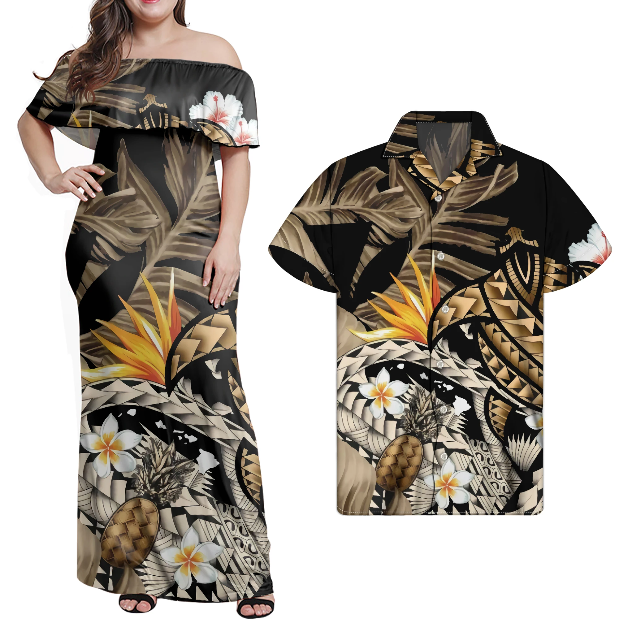
Yellow Polynesian Tribal Sea Turtle Print Off Shoulder Ruffle Long Dress Women Match Men Shirts Custom Print Couple Clothes Set 