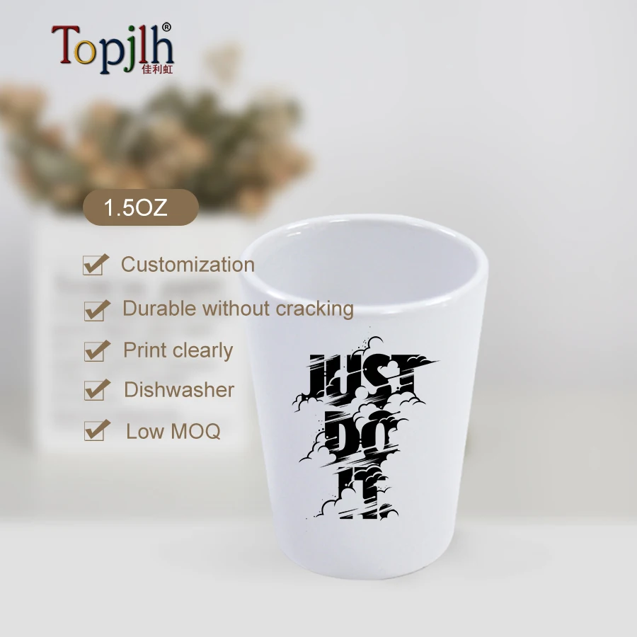 Topjlh grade Ceramic 1.5oz shot glass wholesale price Pub style sublimation blank white spirits ceramic mugs shooter glasses