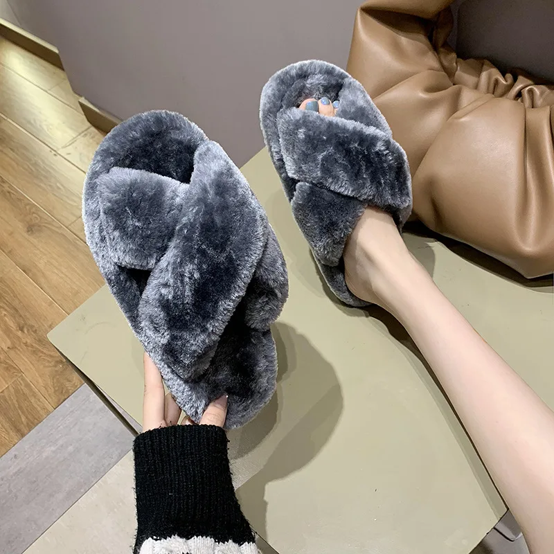
Customized large size cross hairy slippers women thick-soled elastic band open toe plush slippers for ladies 