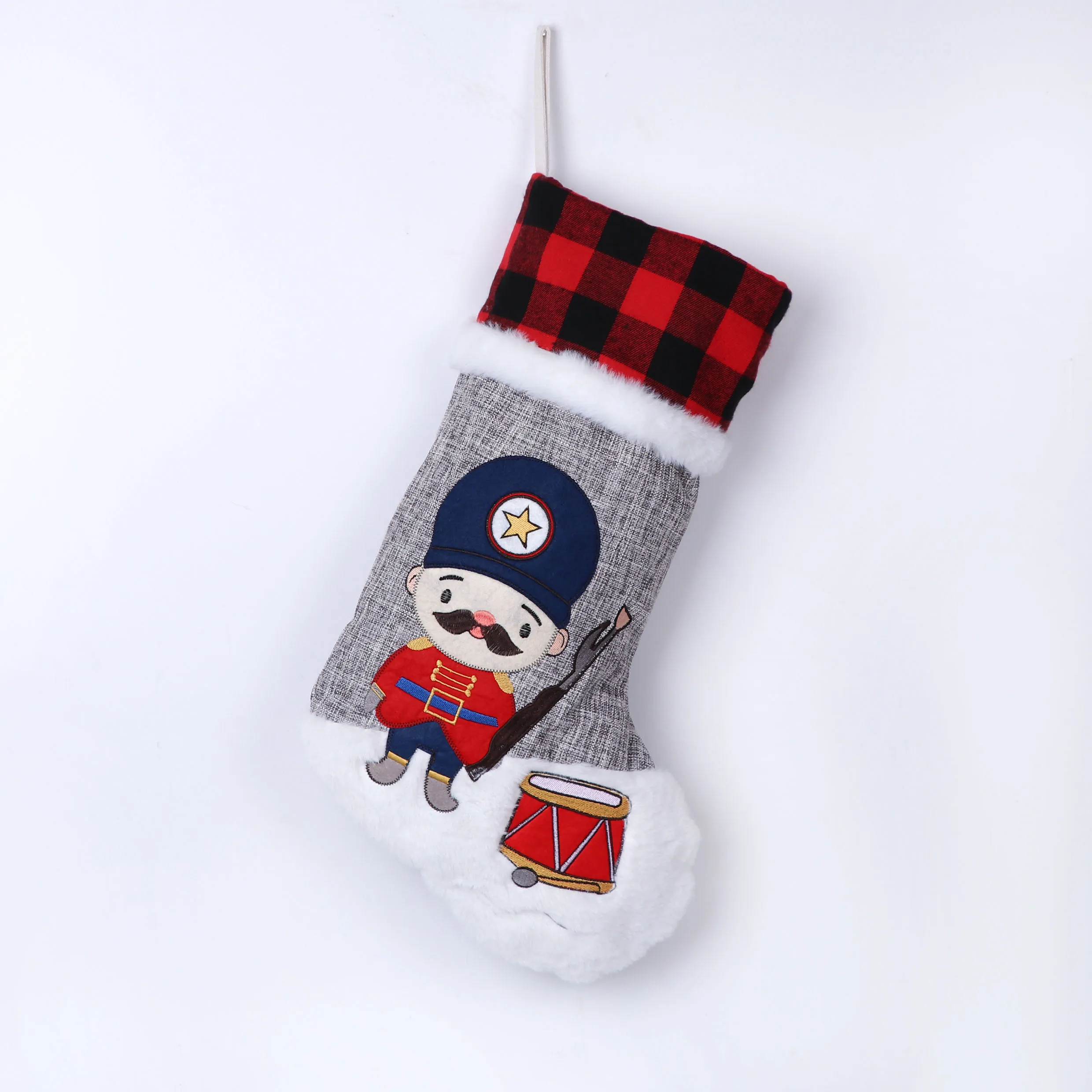 
Original Design Embroidery Grey Burlap Bufflo Red Plaid Christmas Stocking in Bulks Hanging Ornament 