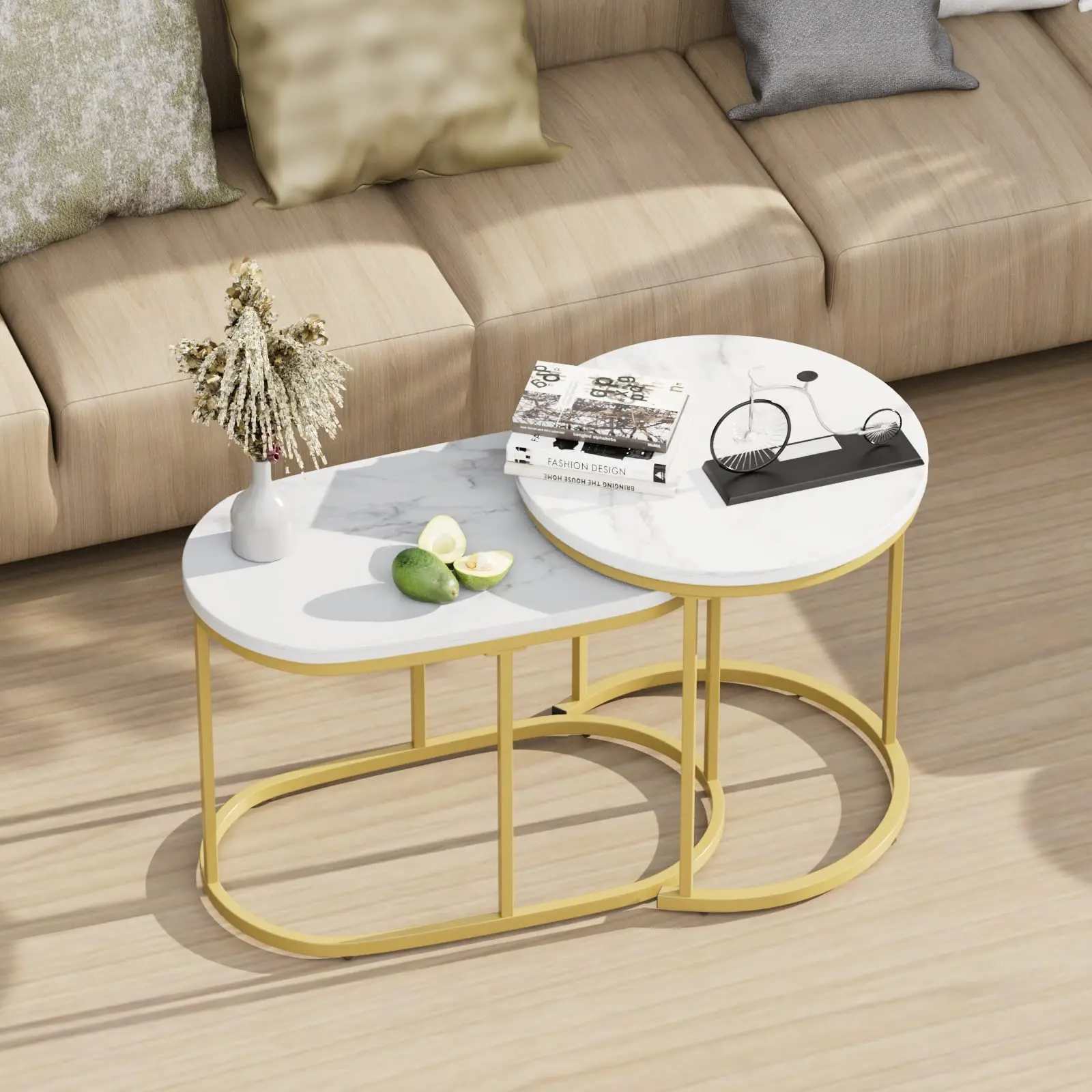 Coffee Table Nesting Set Of 2 Round End Accent Side Stacking Tables With Sturdy Metal Frame, Modern Oak Living Room Table