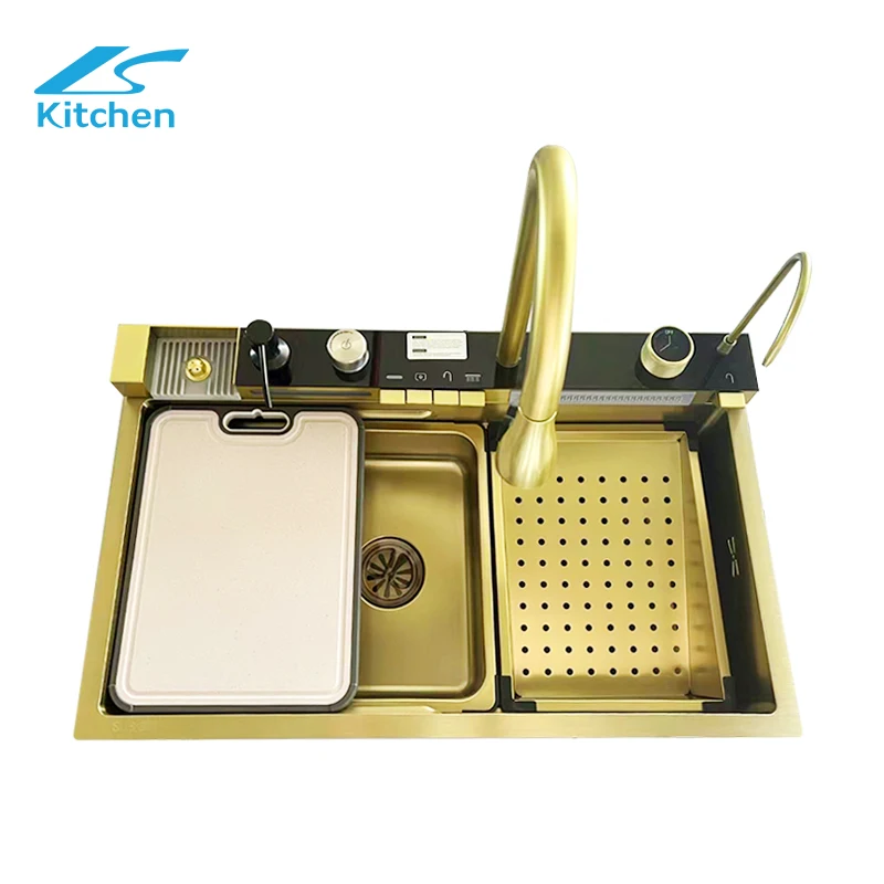 Smart Golden Luxury 304 Stainless Steel Nano Waterfall Rainfall Honeycomb Piano Key Kitchen Sink