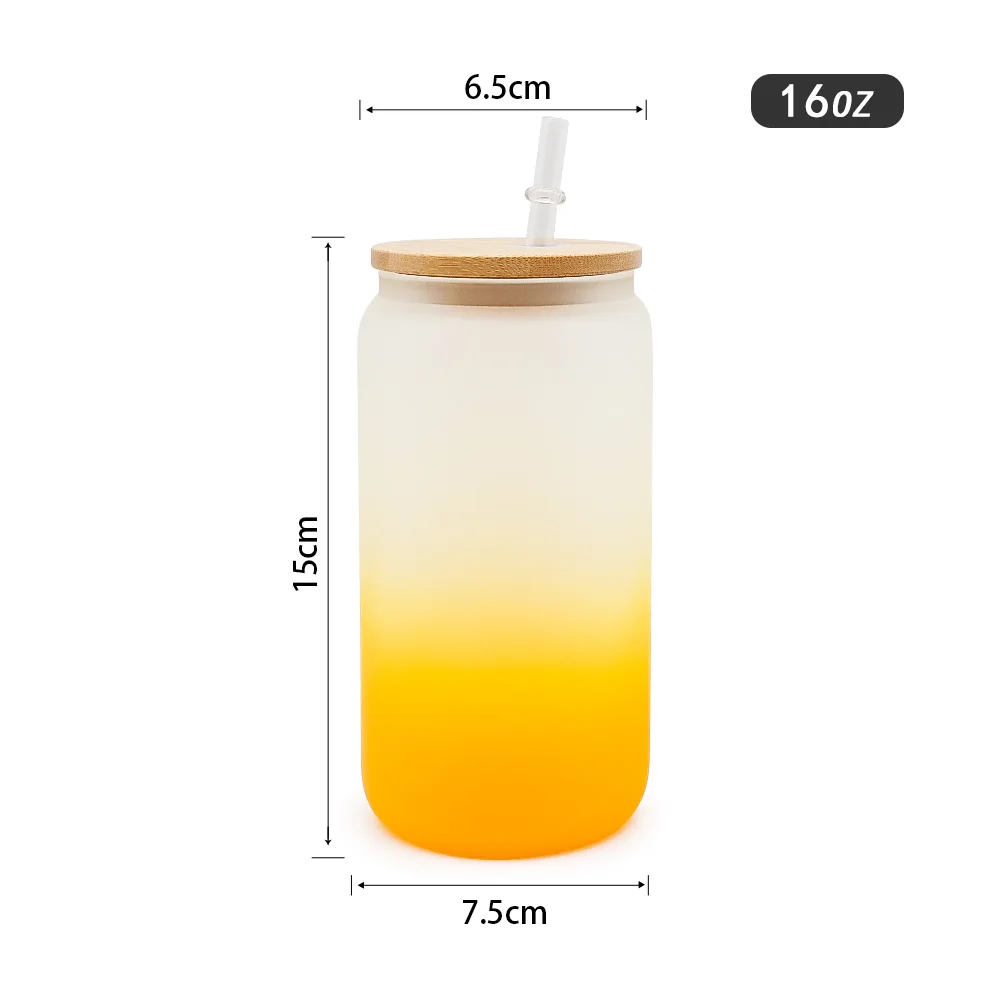 USA Warehouse 16oz Portable Beverage Colorful Coffee Ombre Gradient Frosted Glass Beer Bottles Jar Cup with Bamboo Lid