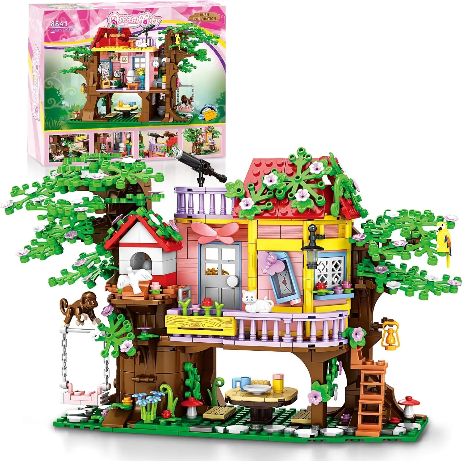 EPT Hot Educational Toy Block 840 Pcs Forest Tree House Block Brick Bird Cat Figure Treehouse Mini Building Brick Set