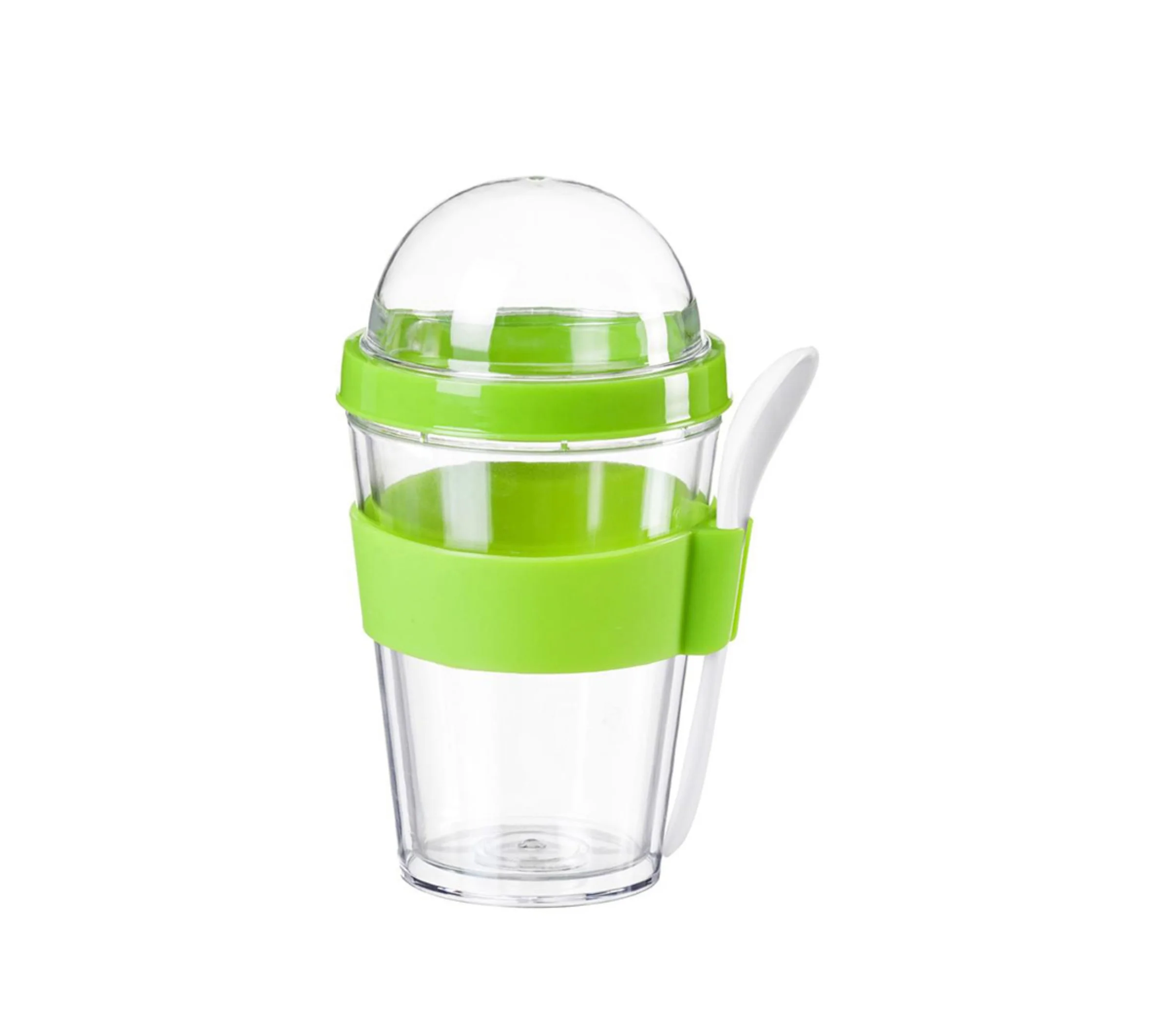 Plastic cereal cup with spoon, travel mug with cruesli compartment
