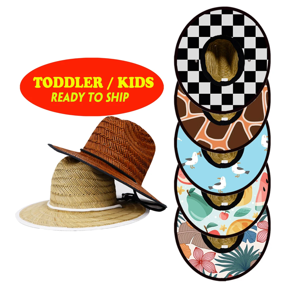 Promotion kids sun straw hat wide brim UPF sunscreen racing checker natural kids hats summer