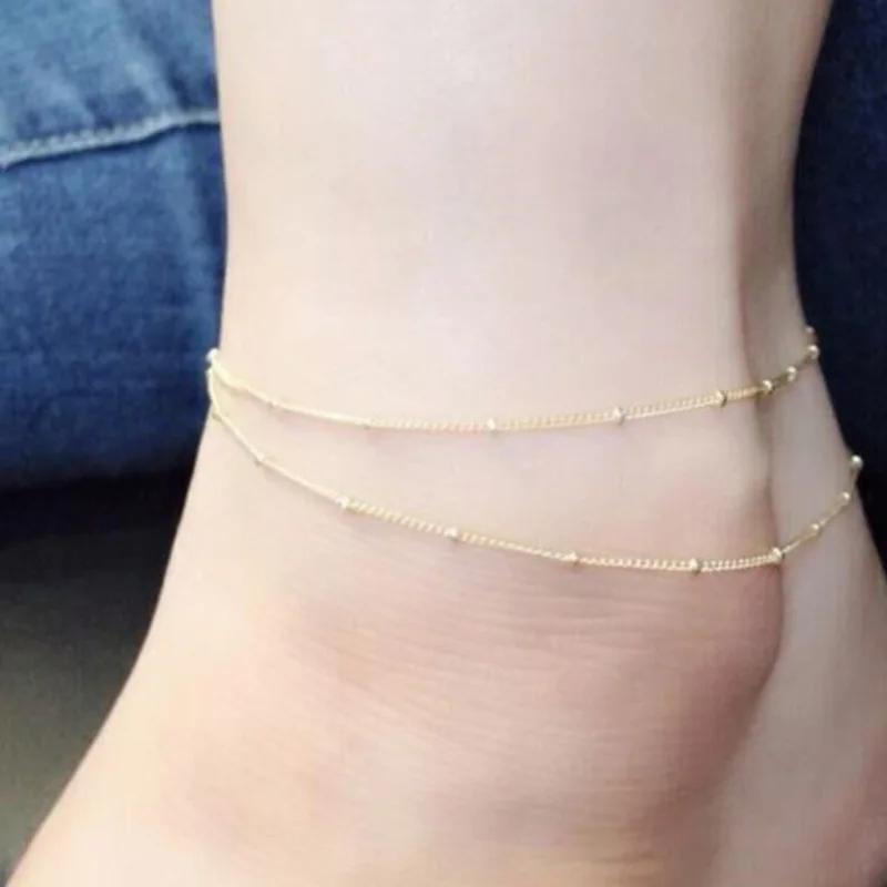 
14K plated gold double layer anklet mini bead women chain anklet 