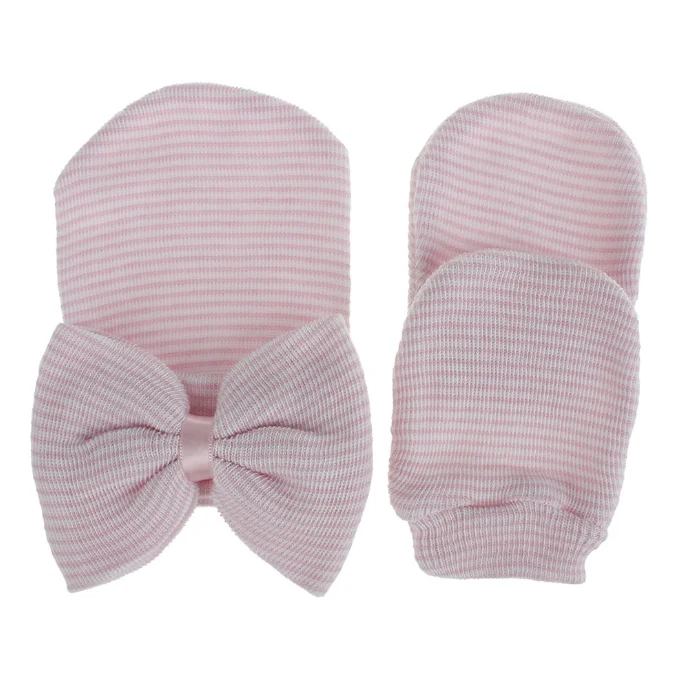 Newborn hospital knitted beanie hat mitten hand set 2 pcs sets baby newborn hat with bow