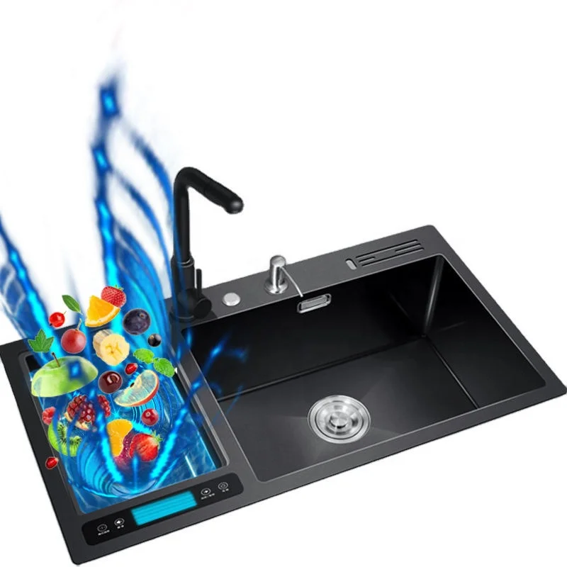 Black Nano Pullout Faucet Washbasin Home Bar Kitchen Countertop Double Bowl 304 Stainless Steel Ultrasonic Smart Kitchen Sink