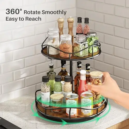 Lazy Susan Organizer Turntable Spice Rack - 2 Tier Wood Rotating Lazy Susan for Cabinet Pantry Kitchen Countertop Dining Table