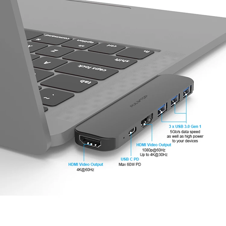  Pulwtop Высокоскоростной Алюминиевый 6 в 1 HDTV 4k PD зарядка USB Type C концентратор 3
