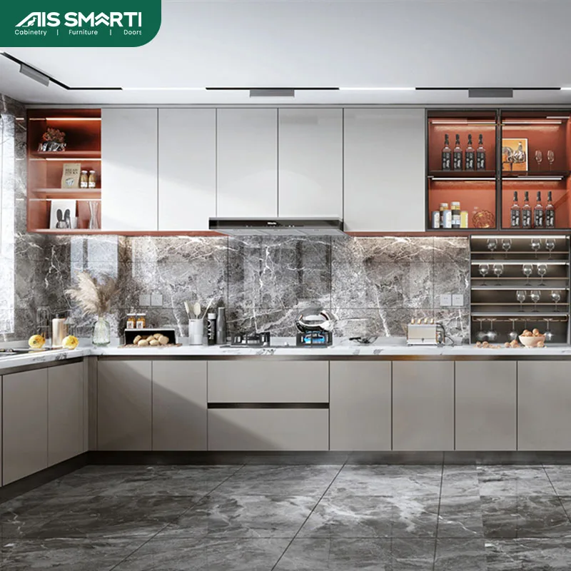 Modern High Quality Silver Kitchen Cabinet Set With White Pattern Marble Back Wall Wine Cabinet Stove Cabinet Set Design