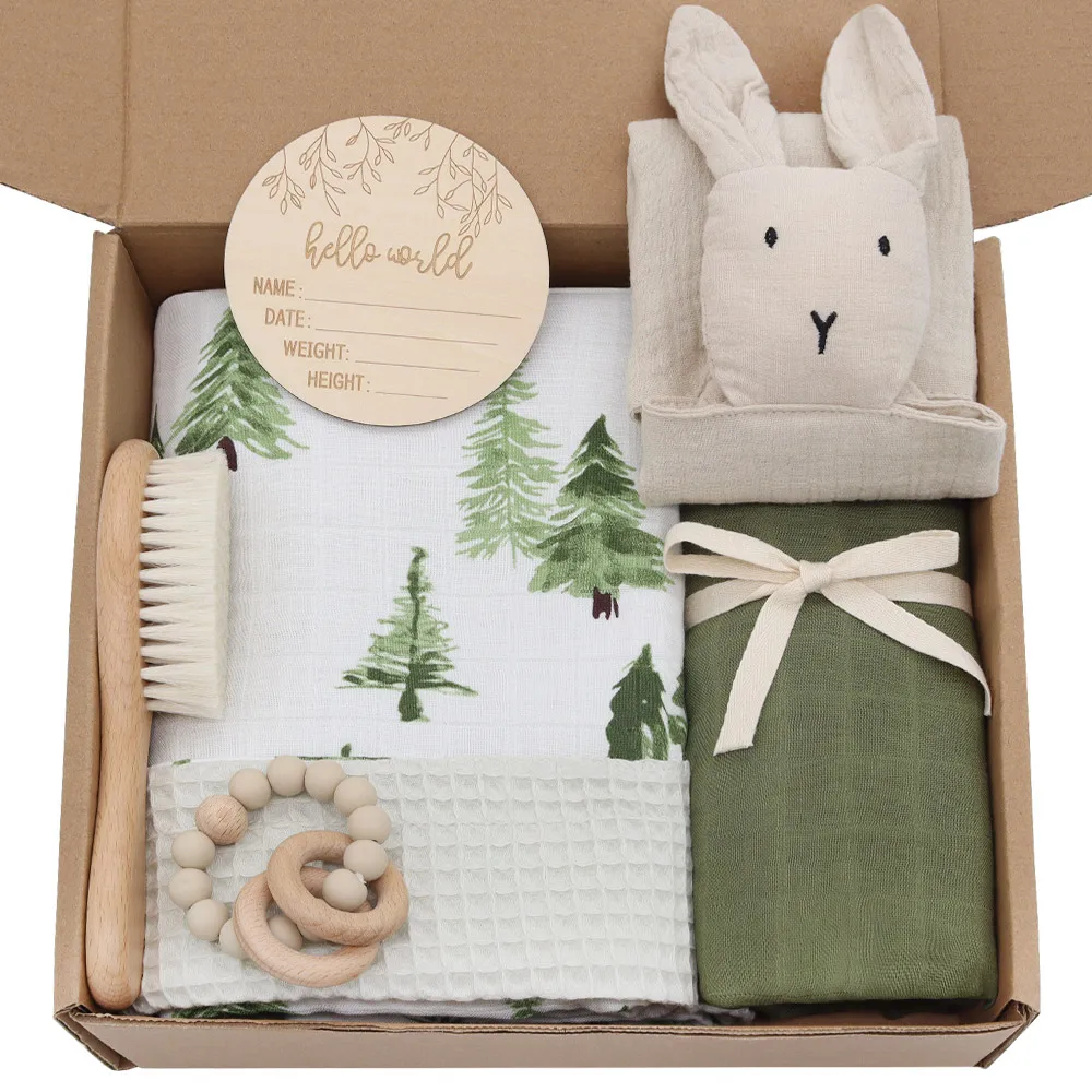 Lifetree Customized Bamboo Cotton Muslin Waffle blanket Milestone wooden  Card Crochet  Flower Romper  Newborn Baby Gift Sets