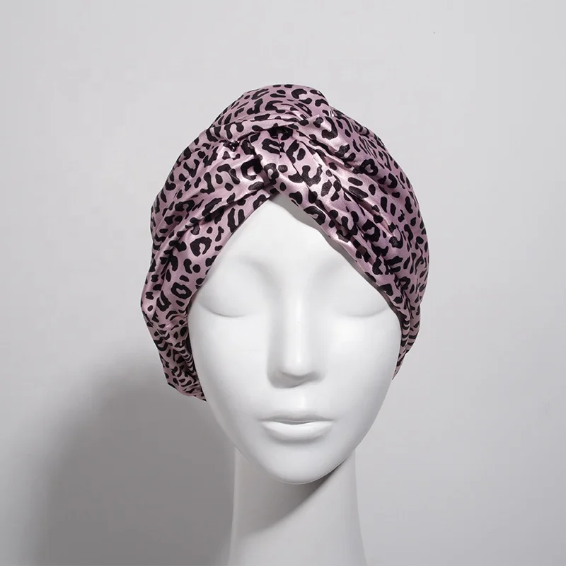 Custom double layer bonnet Knotted sleep caps Leopard silk satin turban