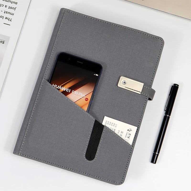 Pockets Leather A5 Binder with 8000mah Power Bank Diary Power bank Notebook Planner built-in wireless charging and 16g usb flash