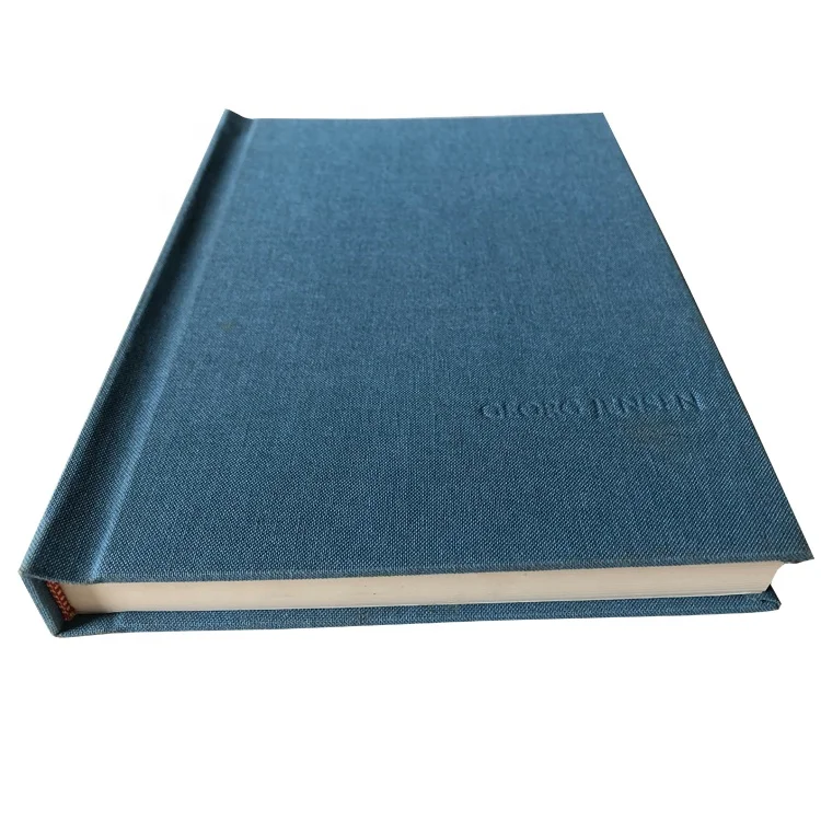 Custom hot new design 2021 embossing logo blue linen fabric hardcover blank sketch book journal planners and notebooks printing