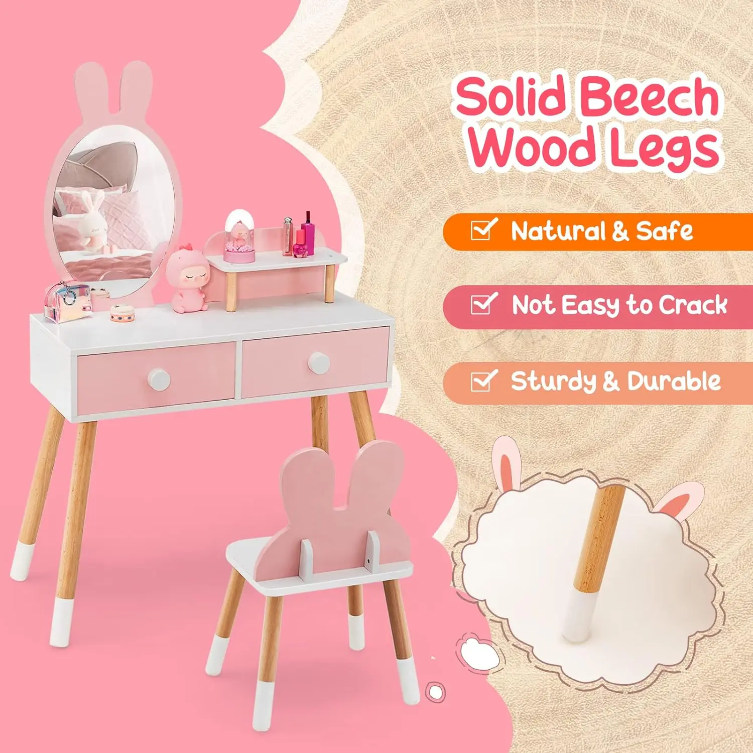 Fast Delivery Baby Cosmetic Mirror Bedroom Pink Chair Children Wooden Vanity Makeup Dresser Classic Dressing Tables For Girl