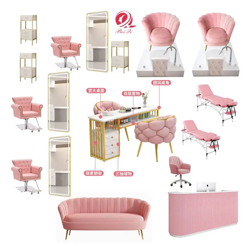 Ultra luxury vintage pink double modern station salon furniture nail table manicure table and chair set